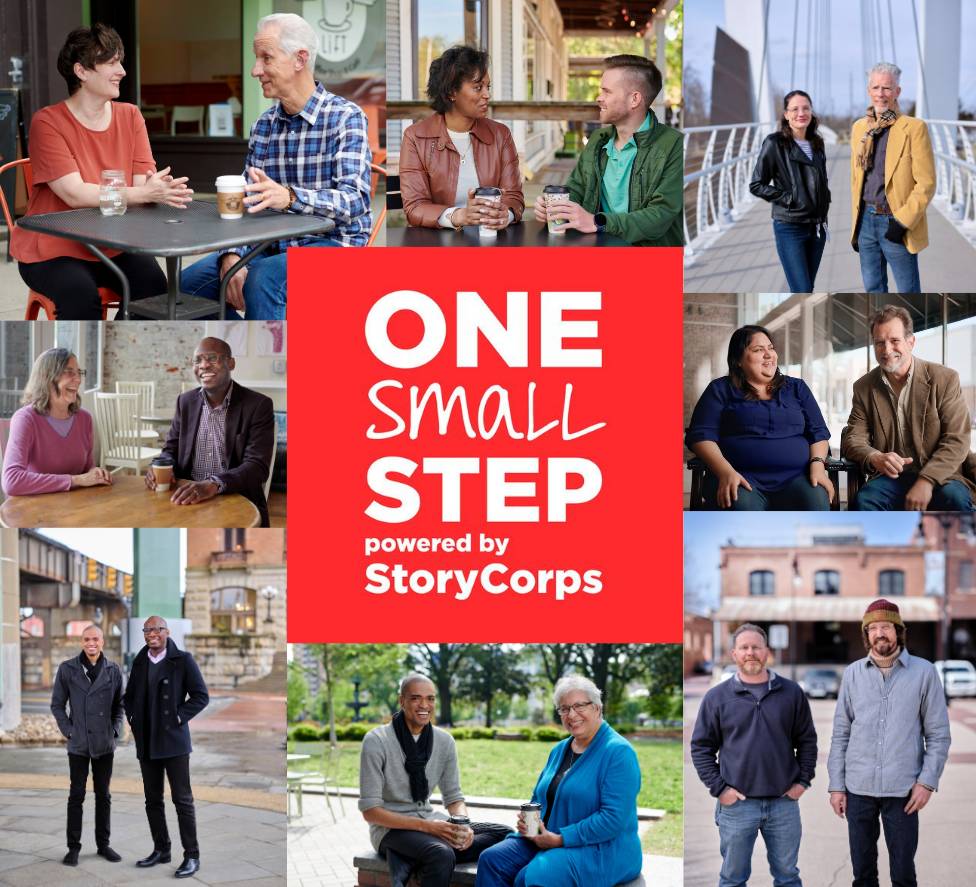 One Small Step Powered by StoryCorp red background white letters, surrounded by collage of people who participated